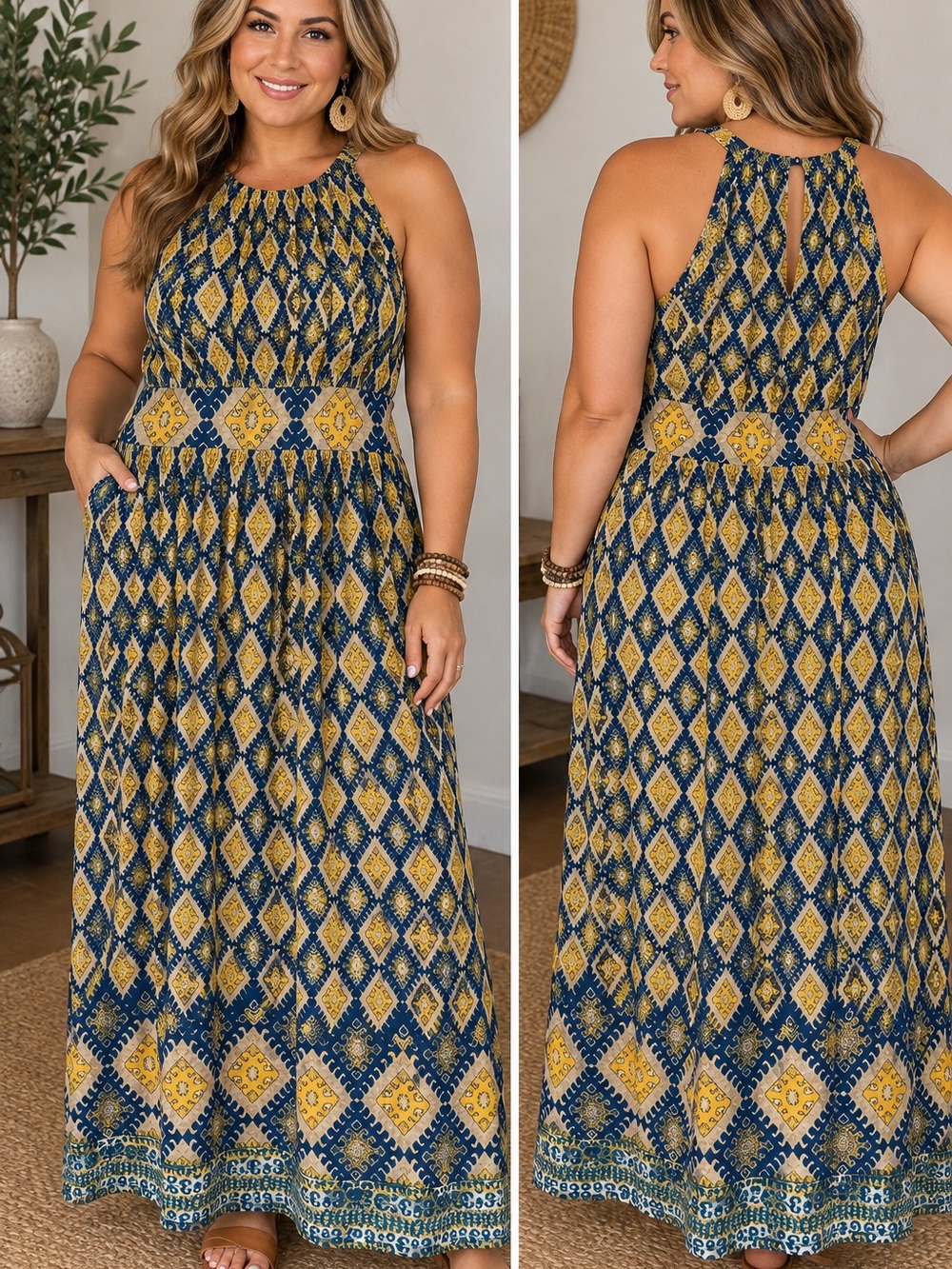 Le Lis Navy and Mustard Diamond-Print Halter Maxi Dress with Smocked Waist